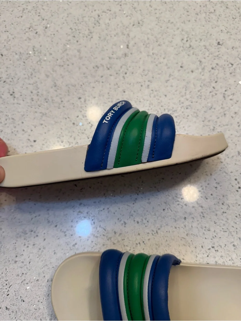 Tory Burch Blue, Green & White Padded Slide Sandals